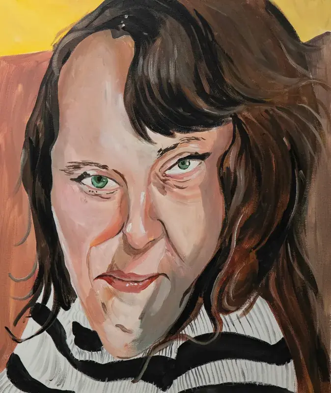 Painting of a woman in a striped T-shirt giving a suspicious sideways look.