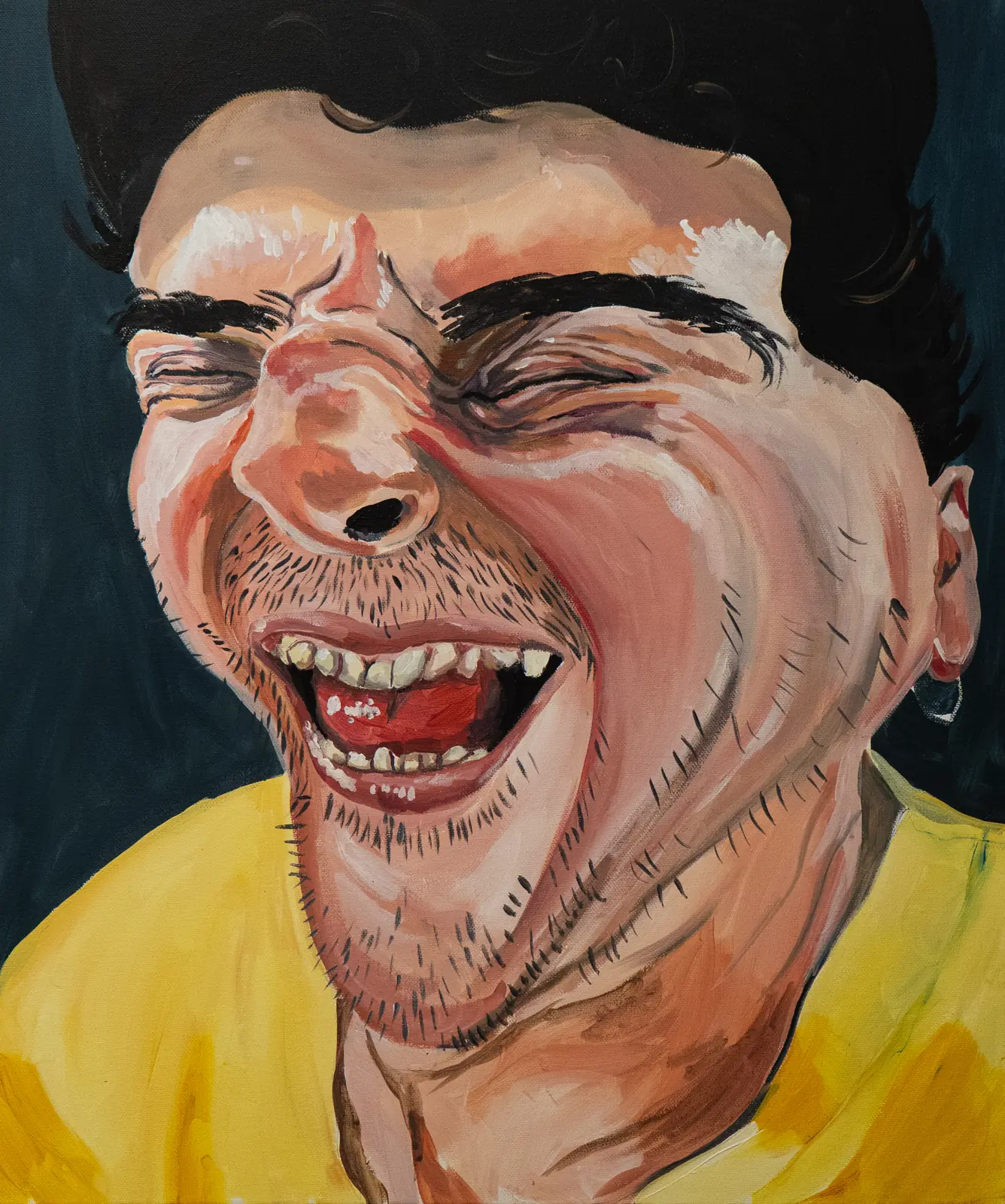 Painting of a man roaring with laughter, eyes shut, mouth wide open, in a yellow T-shirt.